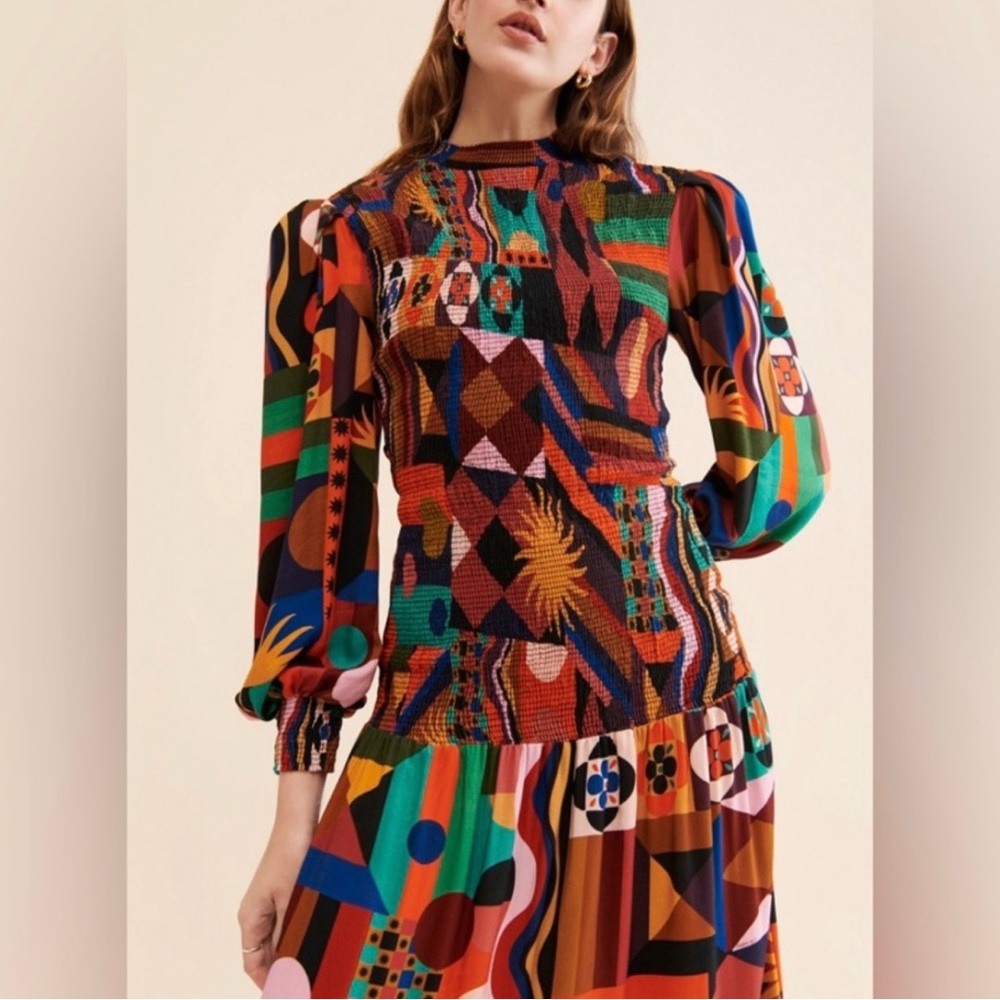Farm Rio Tropical Shapes Multicolor Lenzing Midi Dress Medium - Picture 3 of 11